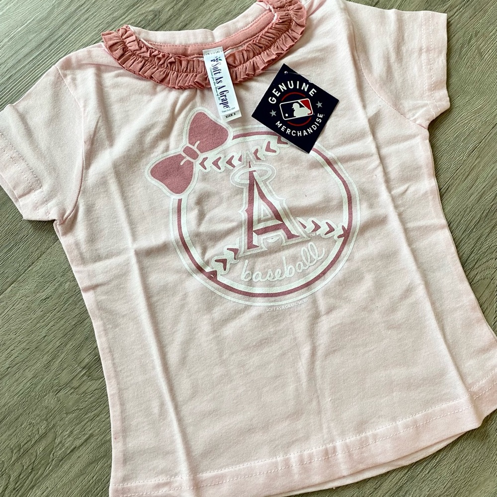 Girls Toddler Los Angeles Angels Soft as a Grape Pink Ruffle Collar T-Shirt